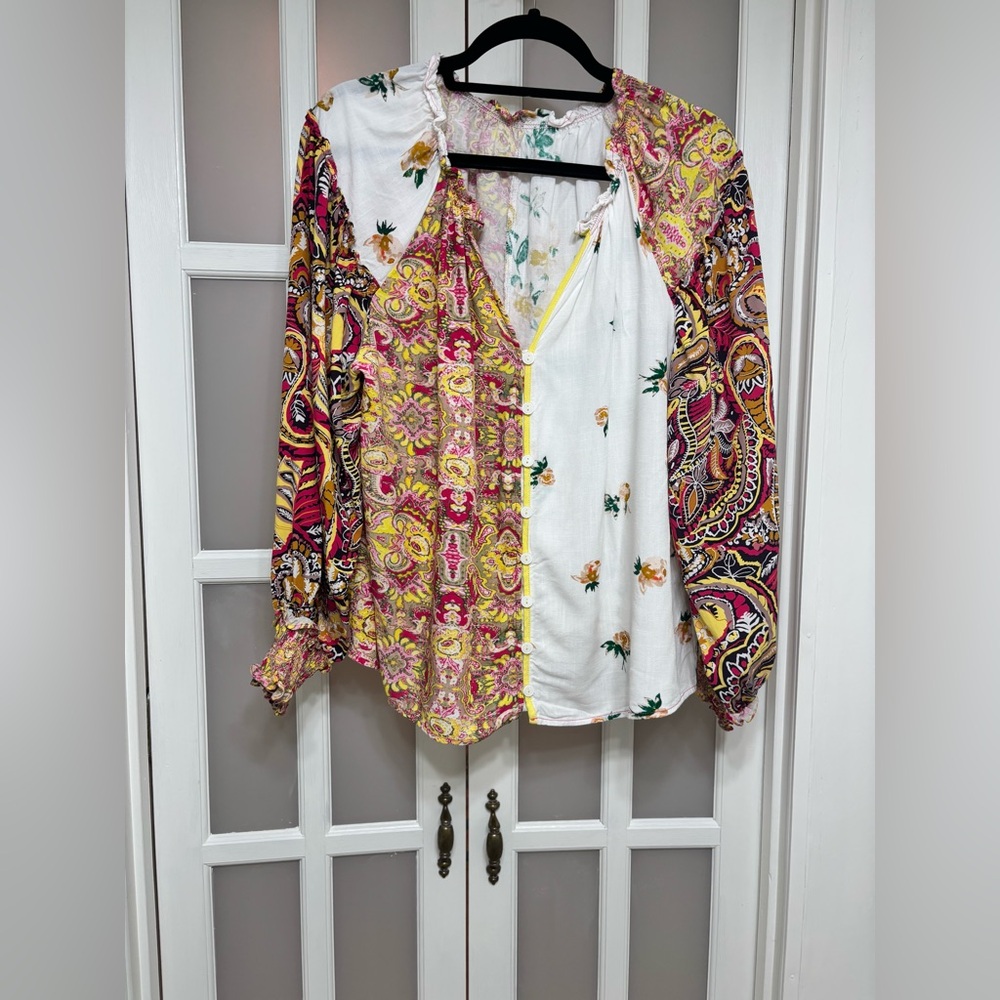 Boho Mixed Pattern Button Front Blouse – Size Large
